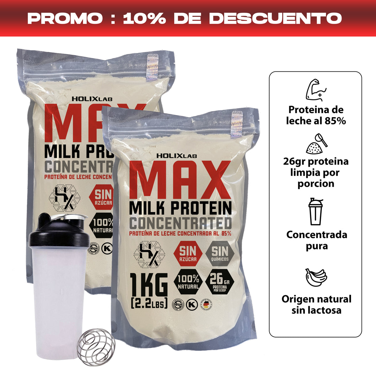 2X MAX PROTEINA PURA CONCENTRADA 1KG + SHAKER + ENVIO GRATIS