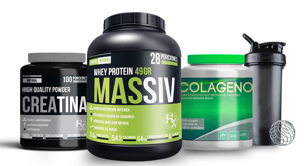 VOLUMEN PACK: Massiv 3,5kg + Creatina 500gr + Pre ultrain 300gr + Colageno 600gr + Shaker