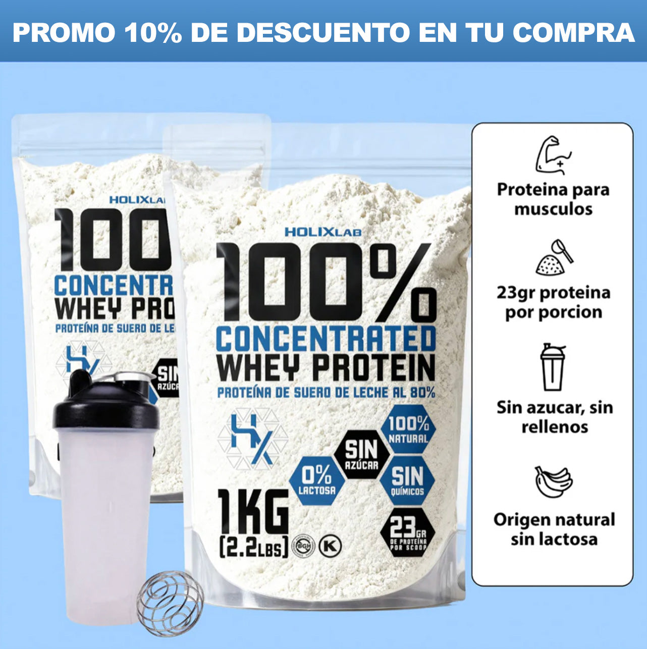 2X PROTEINA 23GR  PURA CONCENTRADA  1KG + SHAKER + ENVIO GRATIS