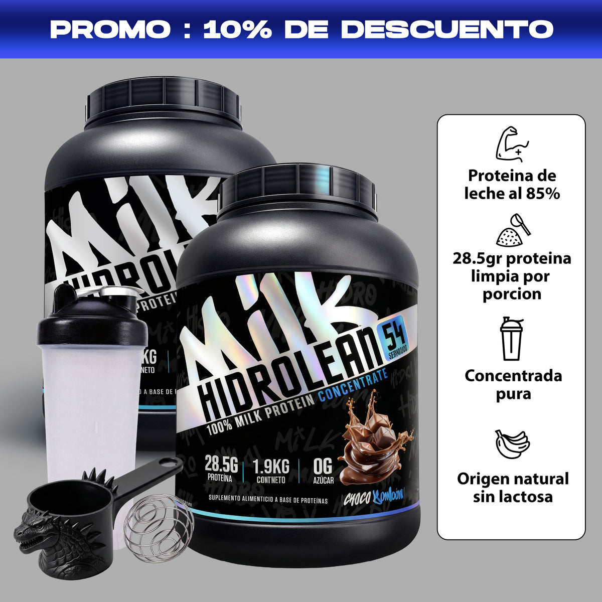 2X HIDROLEAN 28.5GR proteina - 1.9kg Whey Protein + SHAKER + ENVIO GRATIS